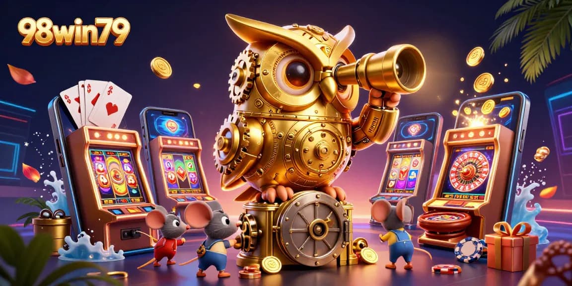 Experience vibrant gaming adventures at 98win79 with a stunning 3D illustration showcasing a dynamic casino scene.