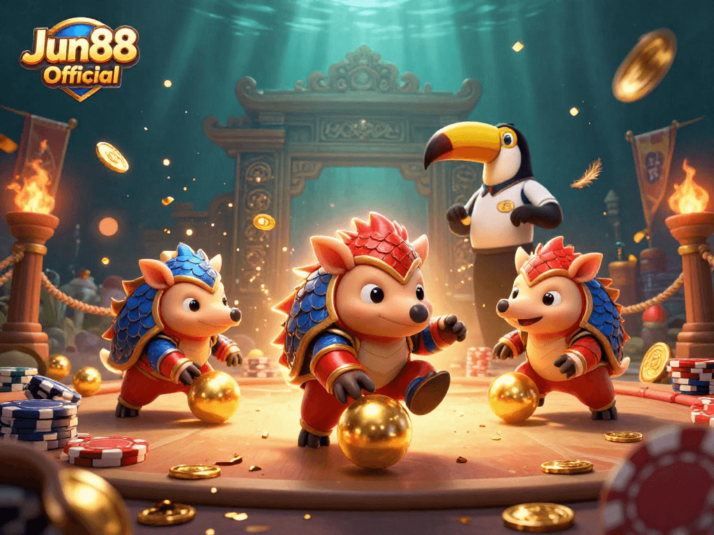 Experience thrilling gameplay at Jun88 Official with rival pangolins competing in a vibrant casino scene.