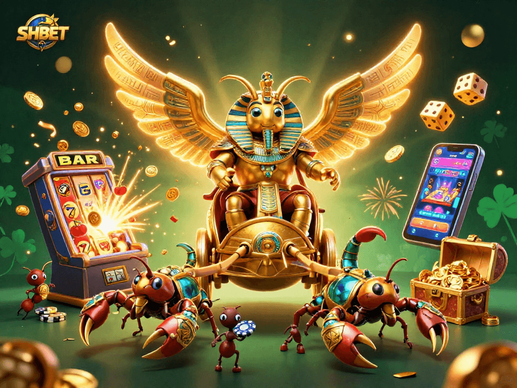 Experience the thrilling world of SHBET with a vibrant casino-themed 3D illustration featuring dynamic slot elements.