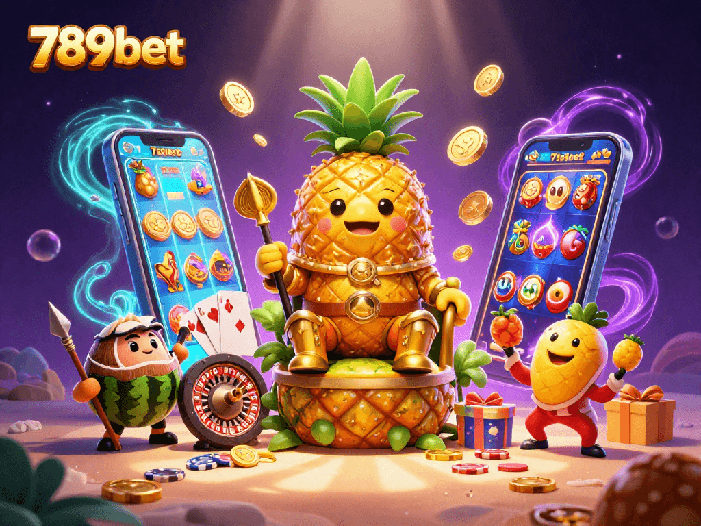 Experience the excitement of 789bet with a vibrant beach casino scene featuring a golden pineapple king.