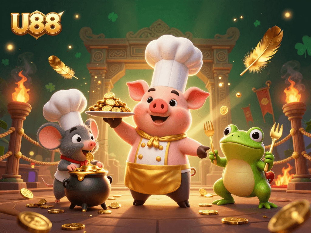 Engage in thrilling gameplay with U88 as a chef pig serves gold coins in a lively casino environment.