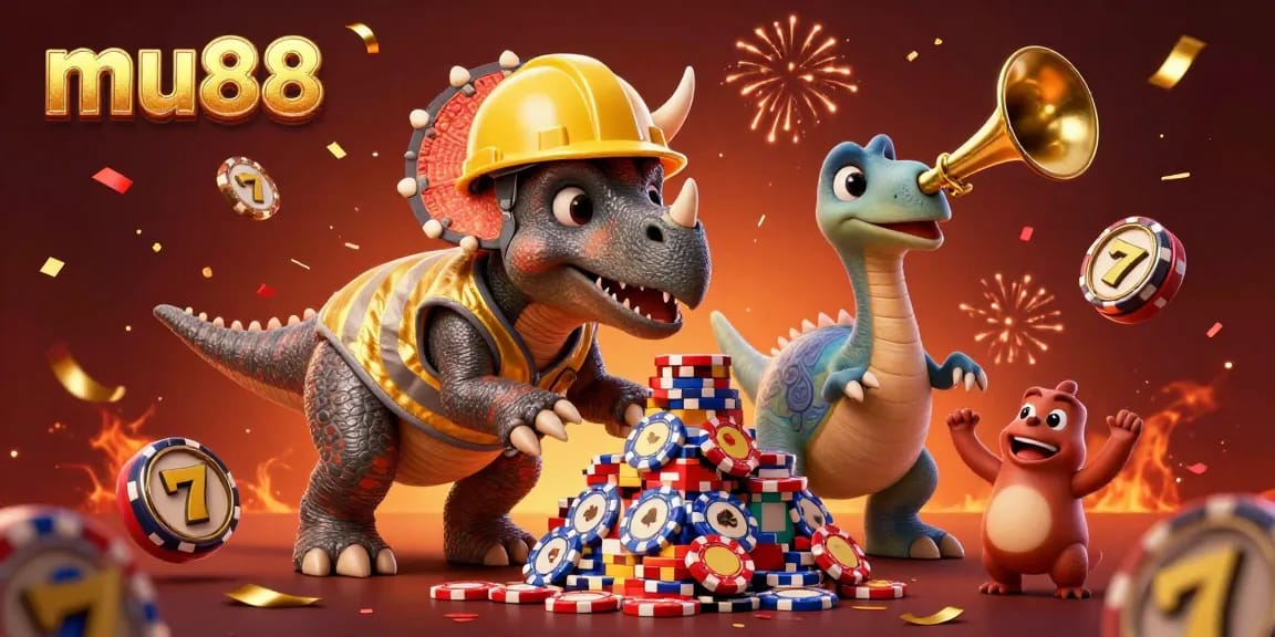 Experience the thrill of mu88 with a celebration of gaming showing characters building poker chip pyramids amidst vibrant casino elements.