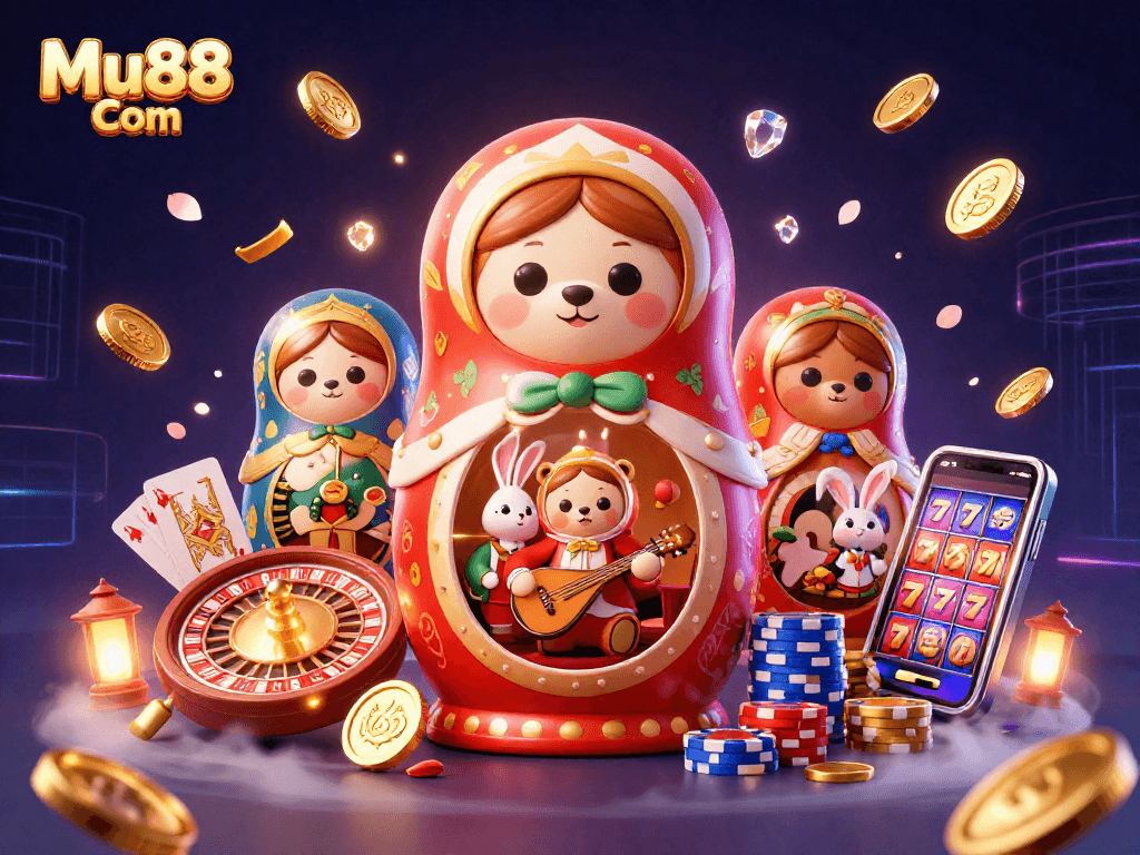 Engage with thrilling gaming modes at Mu88 Com, featuring vibrant casino illustrations.