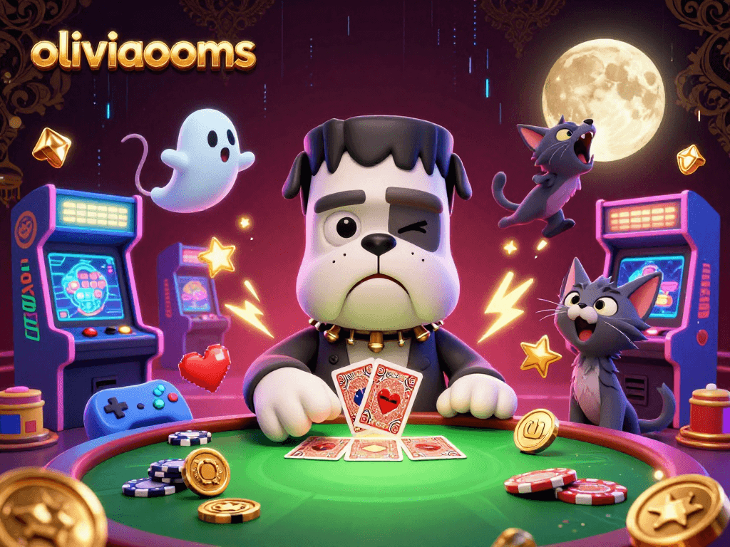 Engage in thrilling games with oliviaooms featuring a bulldog dealer, ghost mouse, and playful werewolf kitten.