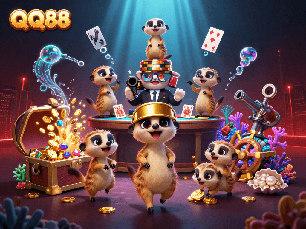 Engage in thrilling gaming action at QQ88 with our meerkat casino crew amidst underwater treasures.