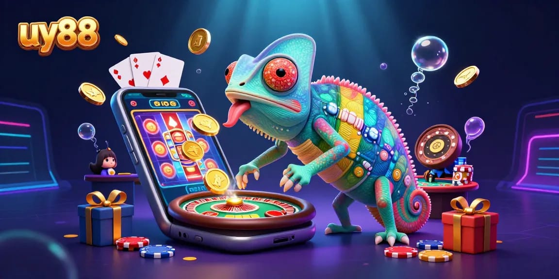 uy88 chameleon casino owner captures golden coins amidst rich gaming elements
