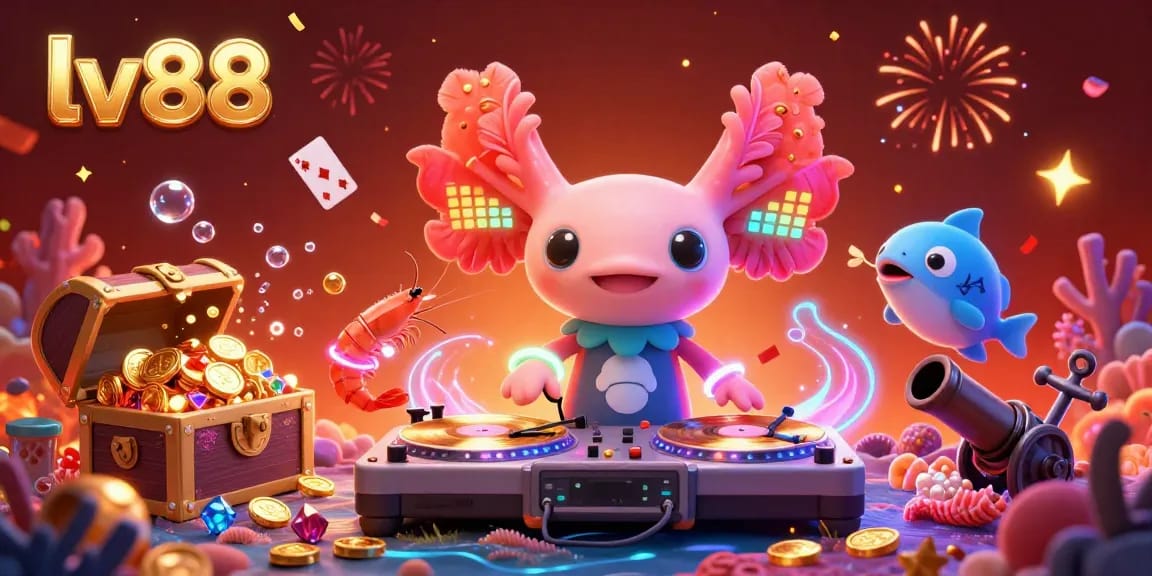 Experience the vibrant energy of lv88 gaming with a neon axolotl DJ and lively underwater festivities.