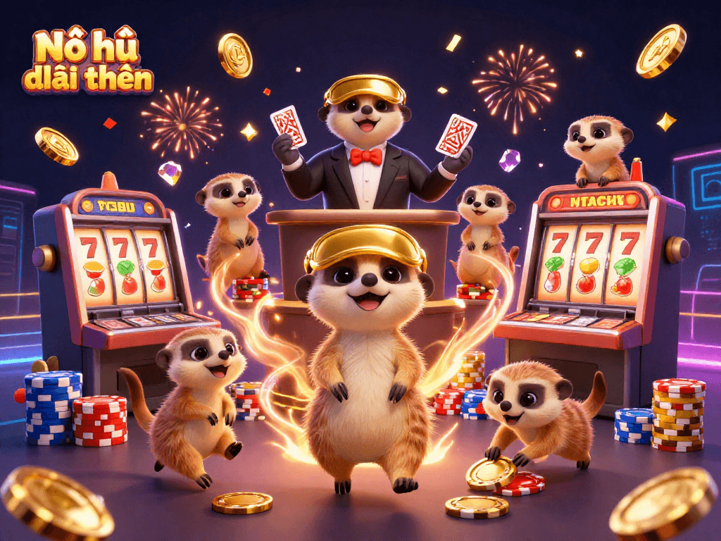 Nổ hũ đổi thưởng: Meerkats managing a casino, showcasing slot machine reels and chips amidst a vibrant celebration.