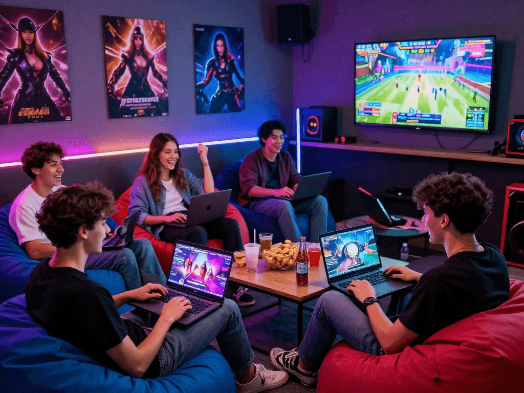 Engaging gaming scene with friends enjoying porno games in a cozy lounge.