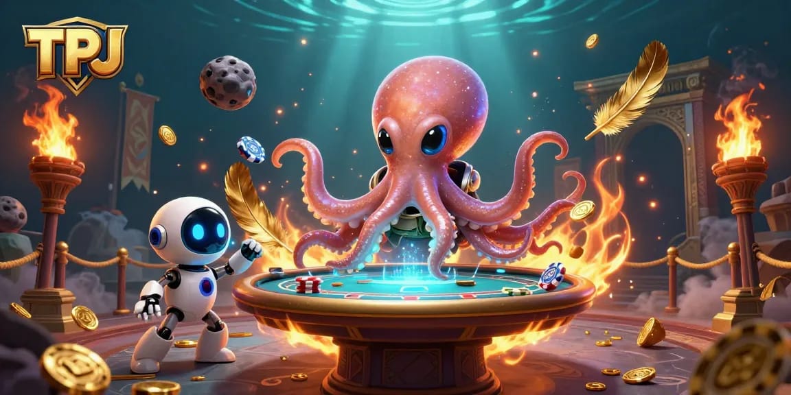 TPJ’s alien octopus hosts an exciting poker game with holographic chips in a vibrant cosmic setting.