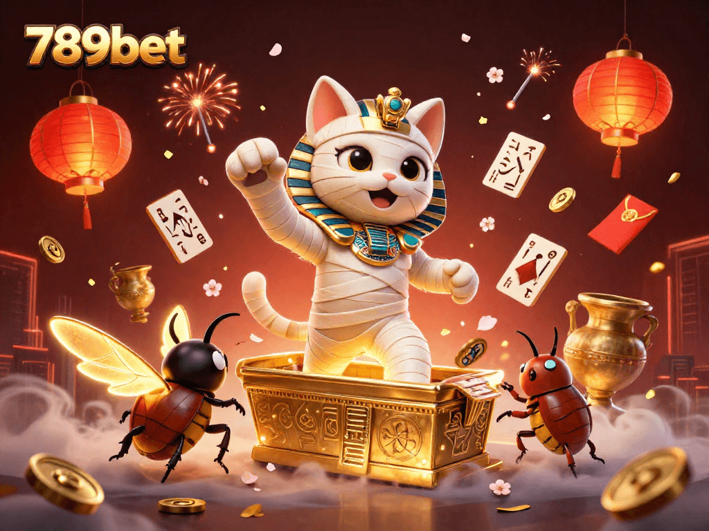 Experience thrilling gaming with 789bet as the Egyptian mummy cat bursts into action in an exciting casino scene.