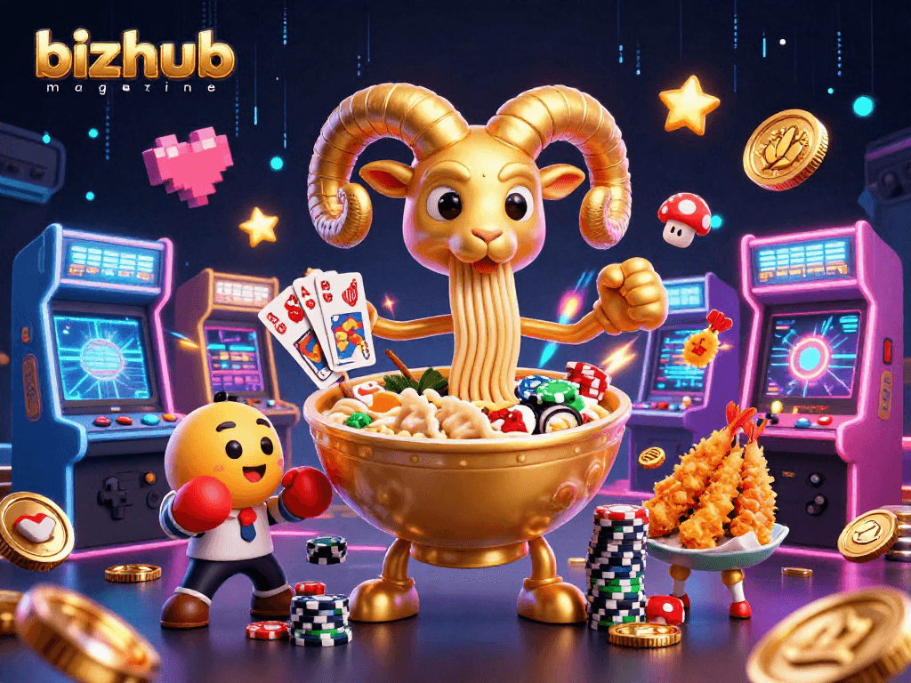 Engage with bizhubmagazine's vibrant casino scene featuring a golden ramen bowl dealing cards.