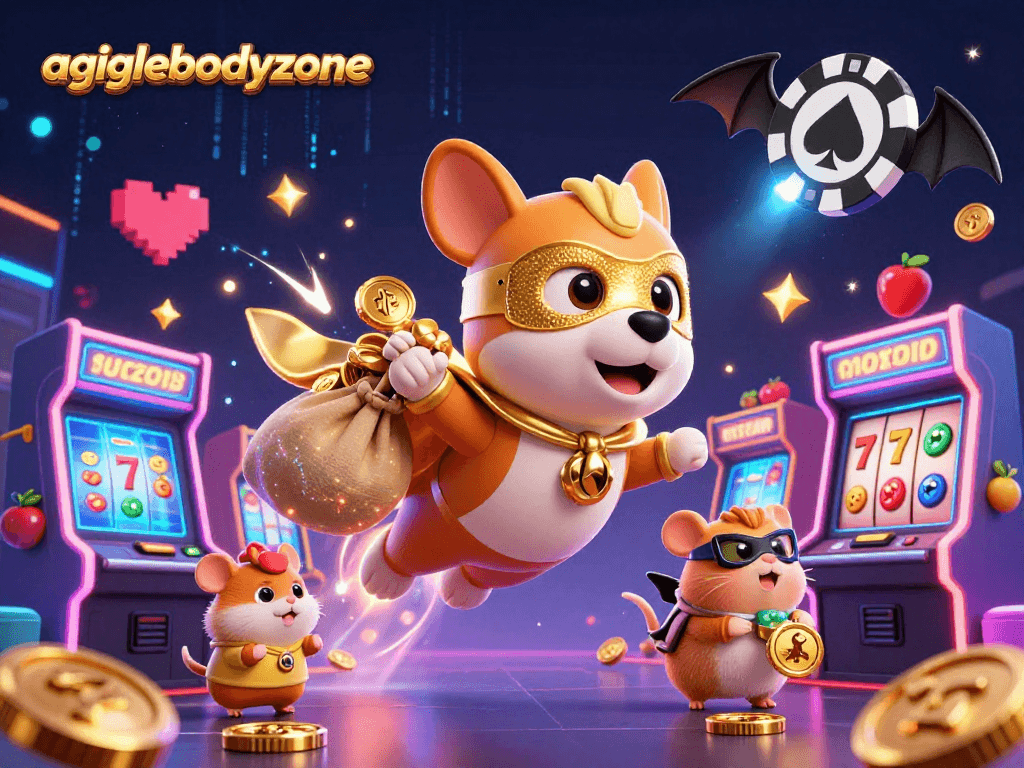 Engage with agilebodyzone in a vibrant 3D cartoon casino scene featuring a superhero dog and hamster.