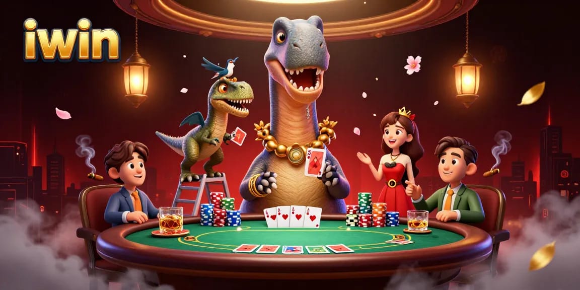 iwin poker scene with a giant dinosaur dealer and a clever raptor, capturing vibrant casino action