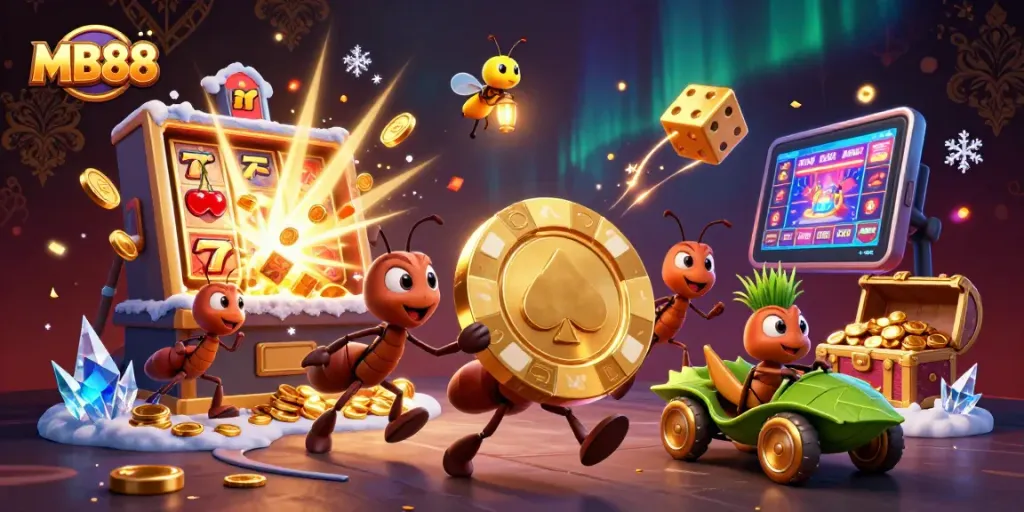 Experience thrilling action as ants carry an oversized poker chip in the MB88 heist scene with dynamic casino elements.