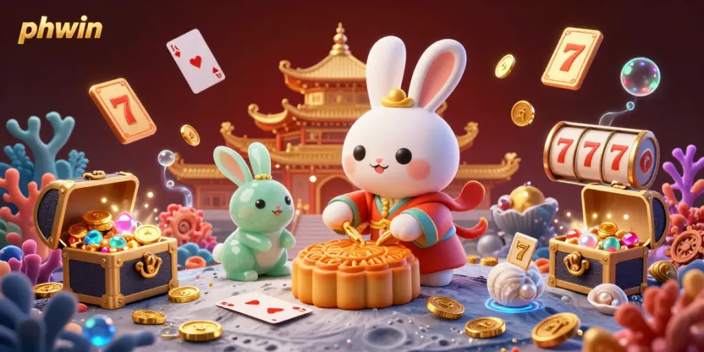 Experience casino fun with phwin while a moon rabbit reveals poker chips amidst gold coins and gaming elements.