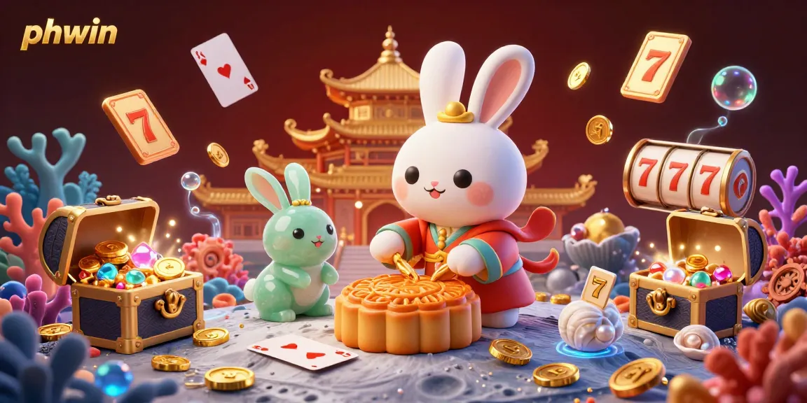 Experience casino fun with phwin while a moon rabbit reveals poker chips amidst gold coins and gaming elements.