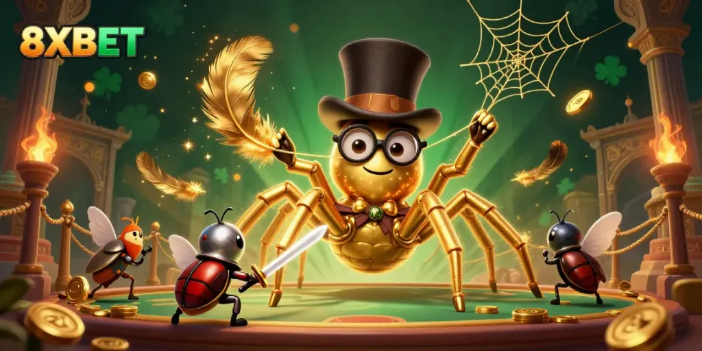 Engage with thrilling 8XBET gameplay featuring a golden tarantula and beetle knight in an exciting casino setting.