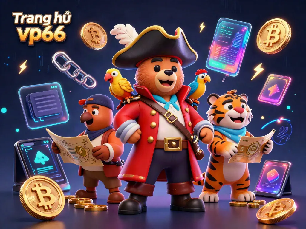 Experience the excitement of Trang chủ vp66 with a vibrant casino-themed illustration featuring bears, tigers, and crypto elements.