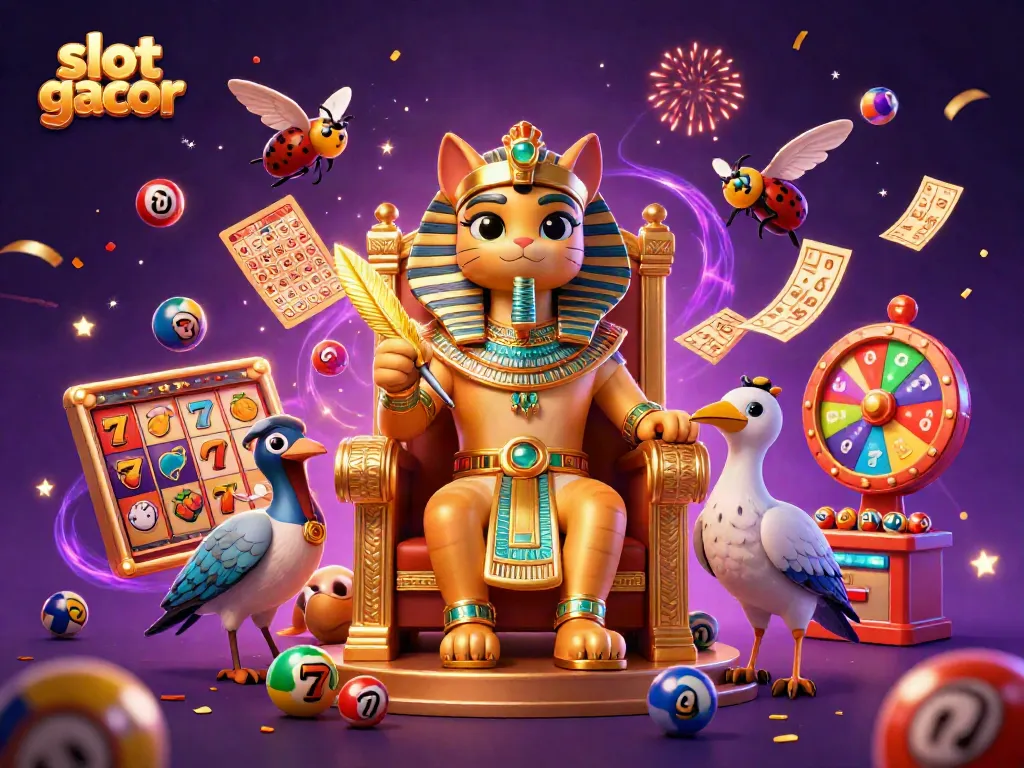 Experience slot gacor excitement with a captivating 3D illustration of an Egyptian-themed casino scene, featuring unique characters and game elements.