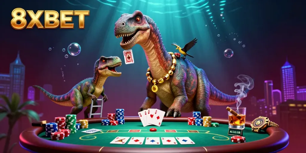Engage with 8XBET's unique casino experience, featuring a brontosaurus and raptor dynamically dealing cards.