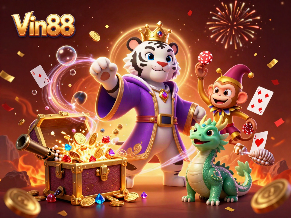 Experience thrilling gaming action with Vin88 as a white tiger and friends enjoy casino elements and underwater treasures.