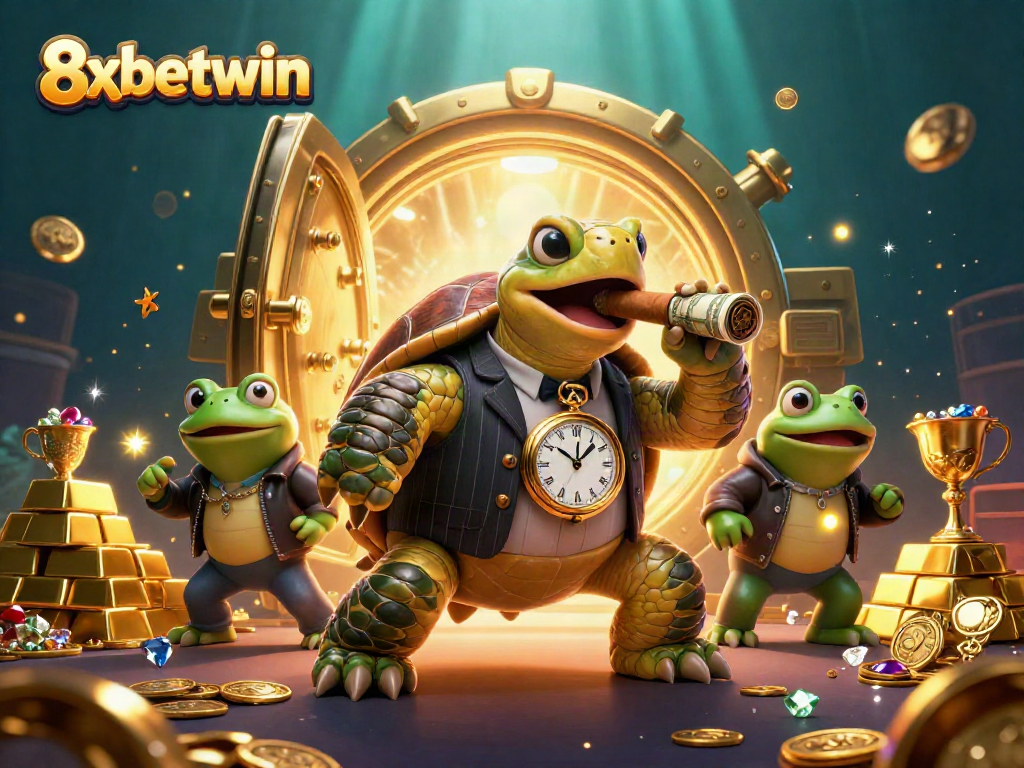 Experience the excitement of 8xbetwin with a vibrant casino scene featuring a cartoon turtle and bullfrogs amidst treasures.