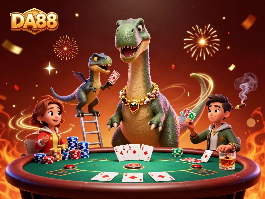 Experience thrilling poker action with DA88, featuring a brontosaurus dealer and vibrant casino elements in a lively atmosphere.