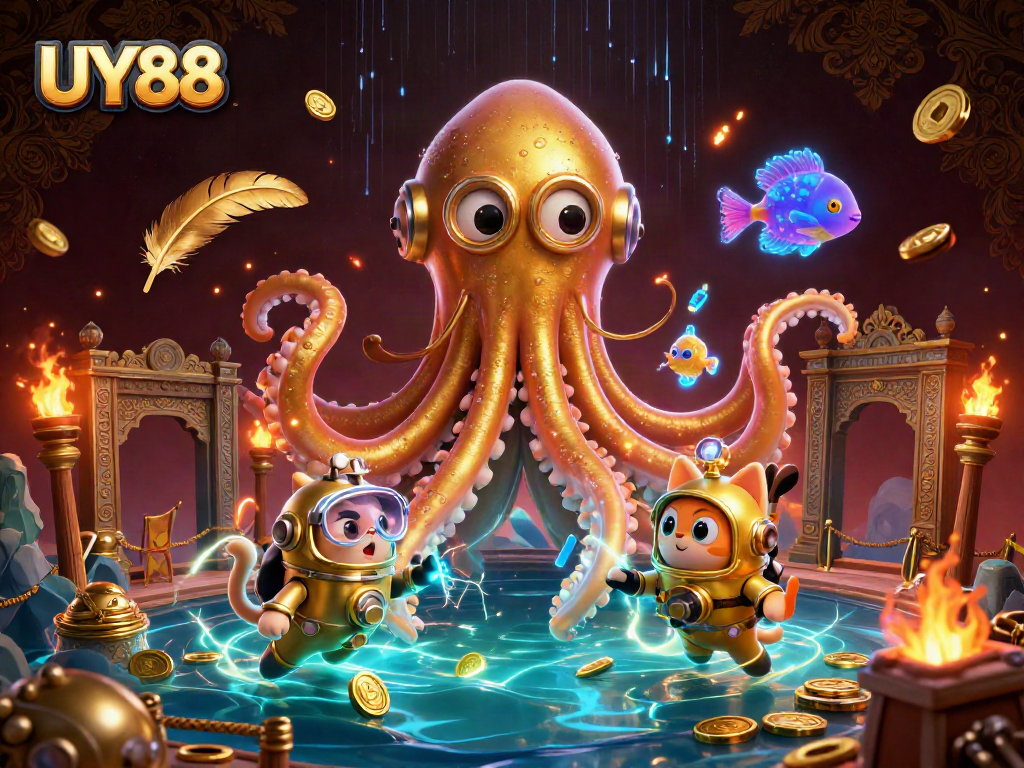 Experience the thrilling UY88 adventure with a kraken, diving cat, and deep-sea fish in this vibrant 3D illustration.