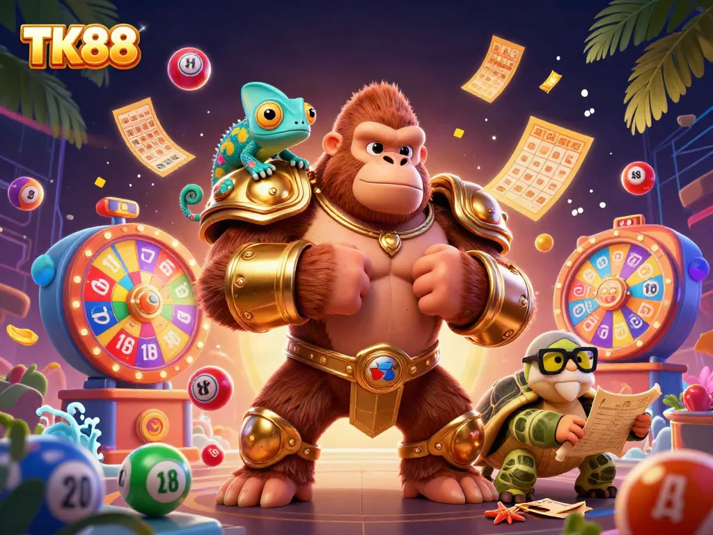 Spin and win with TK88 in a vibrant 3D gambling scene featuring a powerful gorilla and dynamic game elements.