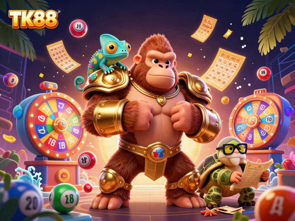 Spin and win with TK88 in a vibrant 3D gambling scene featuring a powerful gorilla and dynamic game elements.