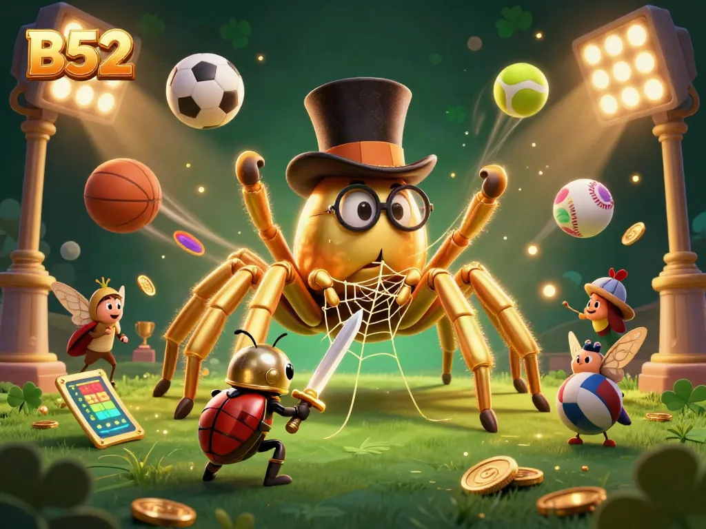 Join the adventure with B52 in a vibrant casino scene featuring a golden tarantula and heroic knight.