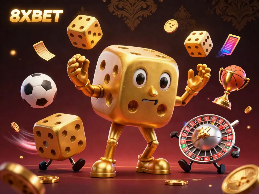 Experience the dynamic action of 8XBET with golden dice and sports elements in this vibrant scene.