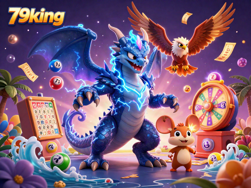 Experience excitement with 79king in this vibrant lottery-themed scene with colorful games and dynamic characters.