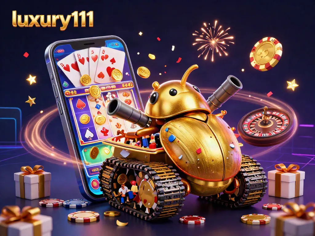 Experience the thrill of luxury111 with a vibrant miniature casino in a golden beetle tank illustration.