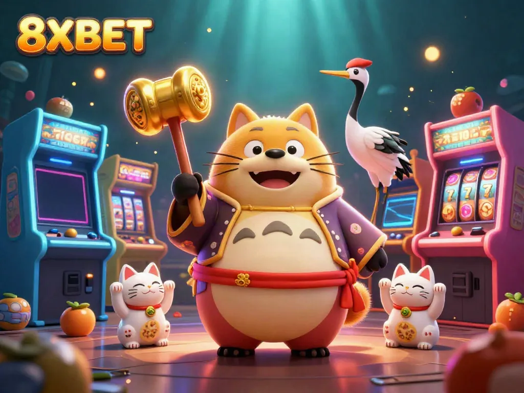 Play exciting slot games at 8XBET with cheerful characters and vibrant casino elements!