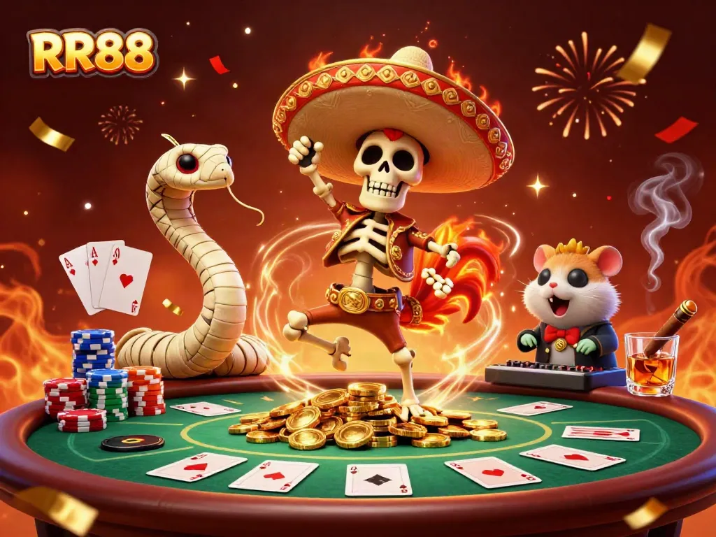 Experience the thrill of RR88 casino with a lively 3D illustration featuring a festive victory dance and poker elements.