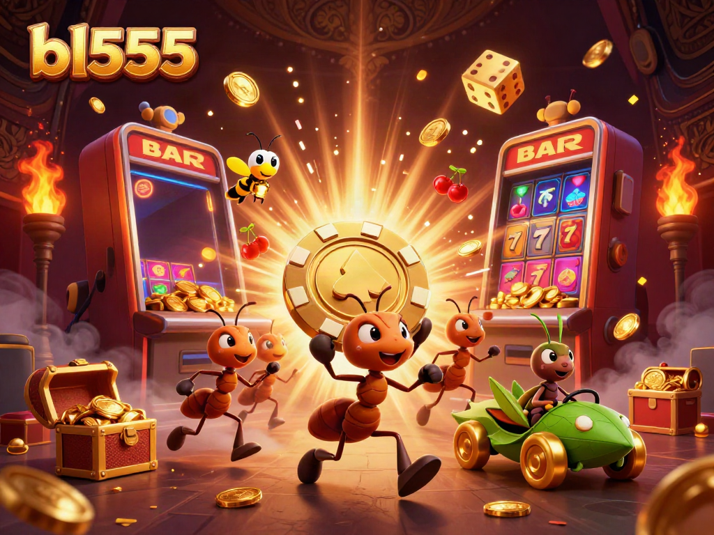 Experience the excitement of bl555 with 3D ants on a heist, surrounded by casino games and golden treasures.