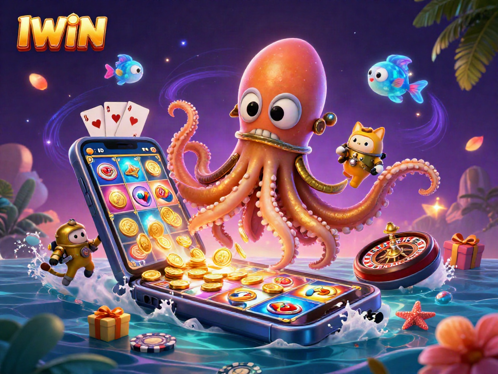 Engage in IWIN gaming excitement with a vibrant, dynamic scene featuring kraken, diving cat, and casino elements.