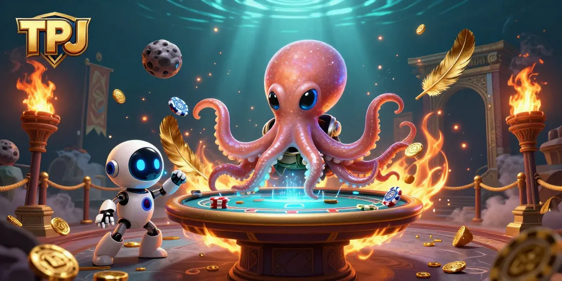 TPJ’s alien octopus hosts an exciting poker game with holographic chips in a vibrant cosmic setting.