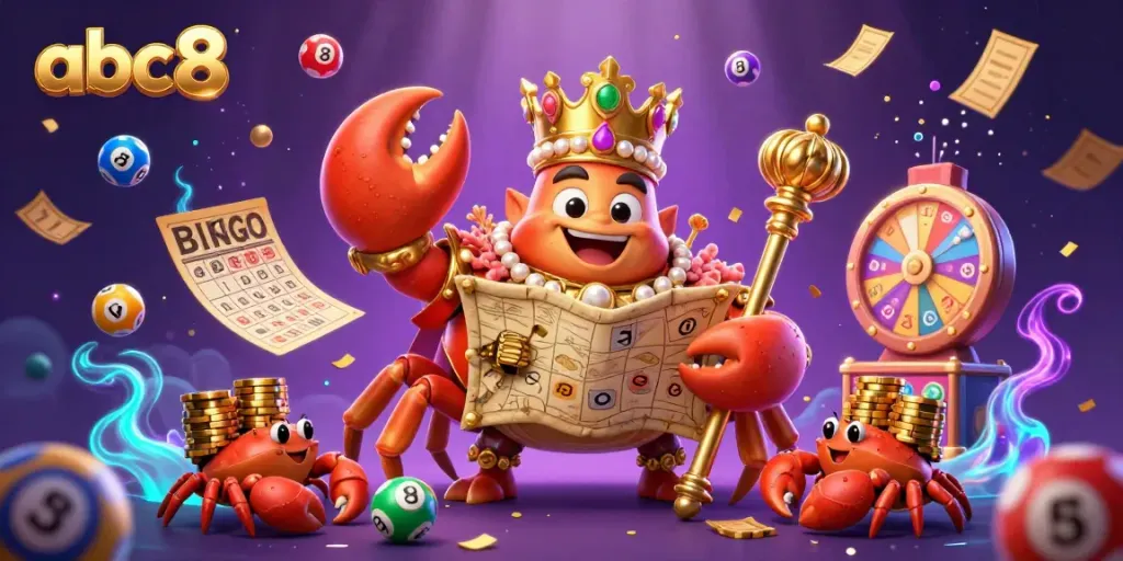 Experience abc8 with dynamic lottery games, featuring a vibrant crab emperor amidst bouncing lottery balls.
