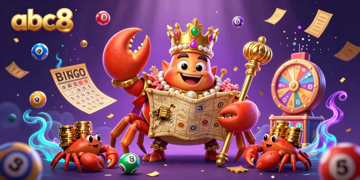 Experience abc8 with dynamic lottery games, featuring a vibrant crab emperor amidst bouncing lottery balls.