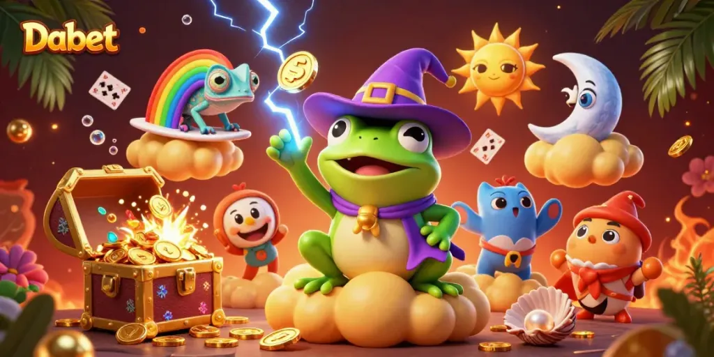 Dabet showcases an exciting casino scene with a weather wizard frog amidst golden coins and vibrant game elements.