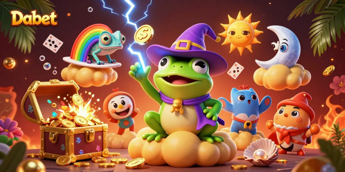 Dabet showcases an exciting casino scene with a weather wizard frog amidst golden coins and vibrant game elements.