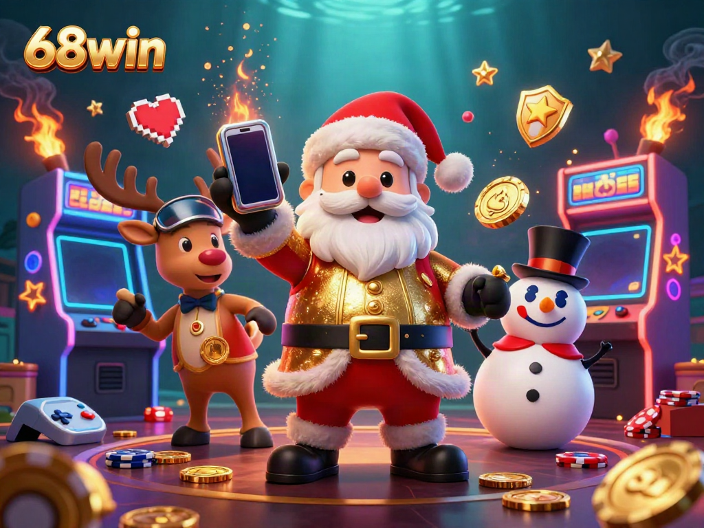 Experience the thrilling features of 68win with Santa Claus in a dynamic casino scene showcasing jackpots and gaming elements.