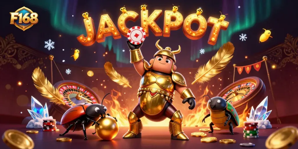 Engage in thrilling gameplay at F168 with a heroic gladiator beetle championing casino wins, embodying excitement and victory.
