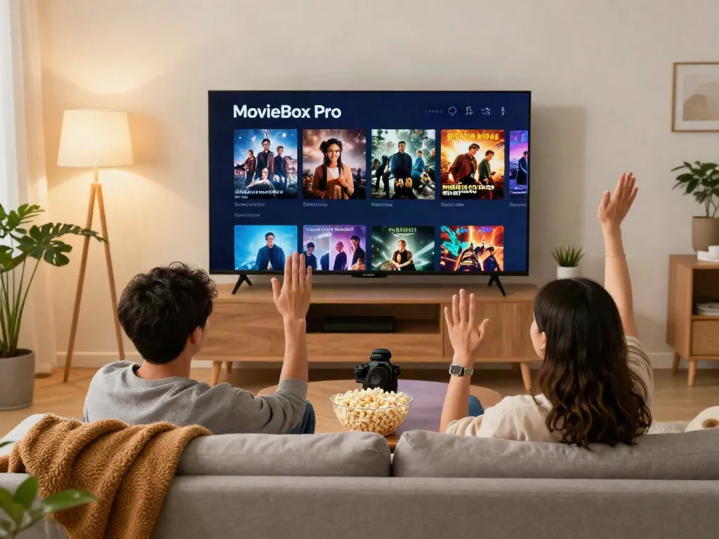 Enjoying movies on MovieBox Pro app in a cozy living room.
