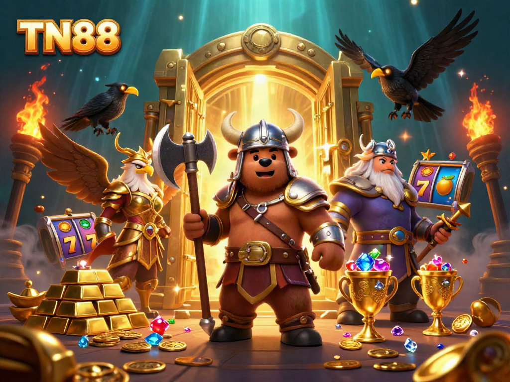 Engage with TN88 in a vibrant casino setting filled with treasure and gaming excitement.