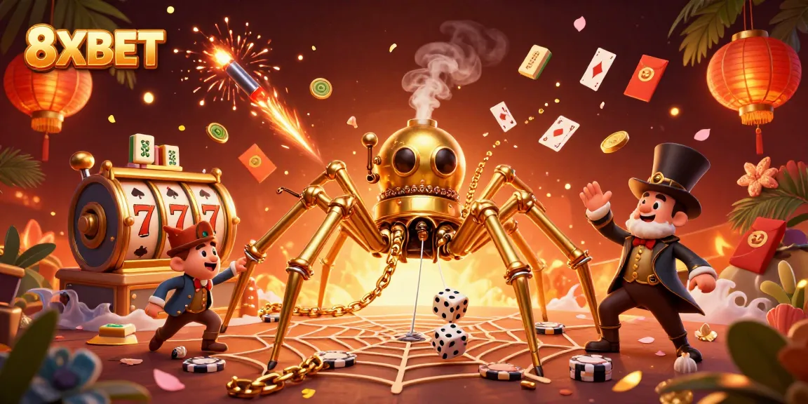 Catch the excitement at 8XBET with golden spider catching dice in a rich casino scene