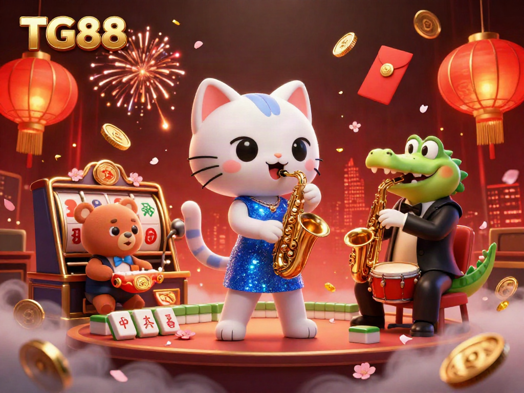 Engaging TG88 casino stage performance featuring a singing cat and saxophonist, enhanced with dynamic gaming elements.